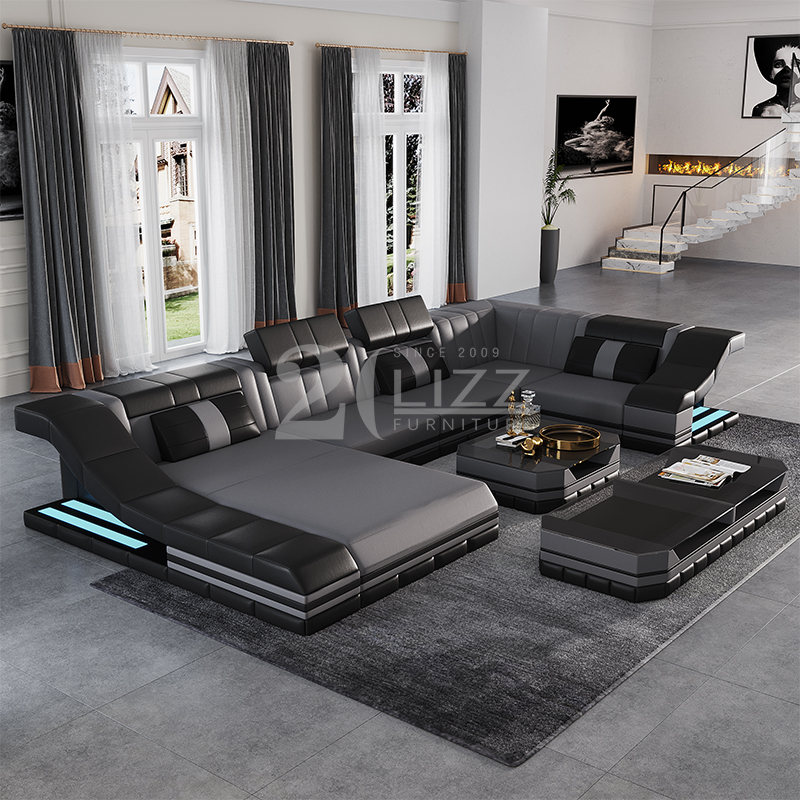 U-förmiges gelbes und schwarzes geführtes Schnittsofa für Schlafzimmer