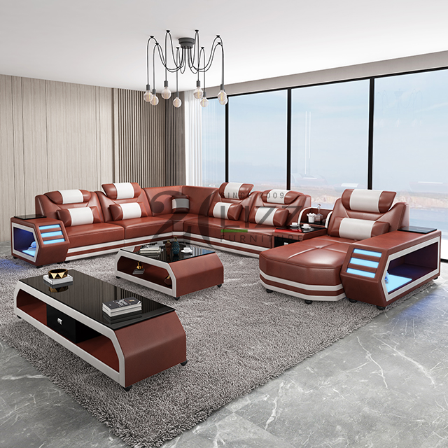 U-förmiges weißes LED-Sofa mit Couchtisch