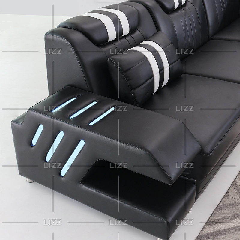 U-förmiges dunkelschwarzes LED-Sofa mit Bluetooth-Lautsprecher