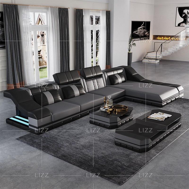 L-förmiges LED-Sofa aus Leder mit Couchtisch