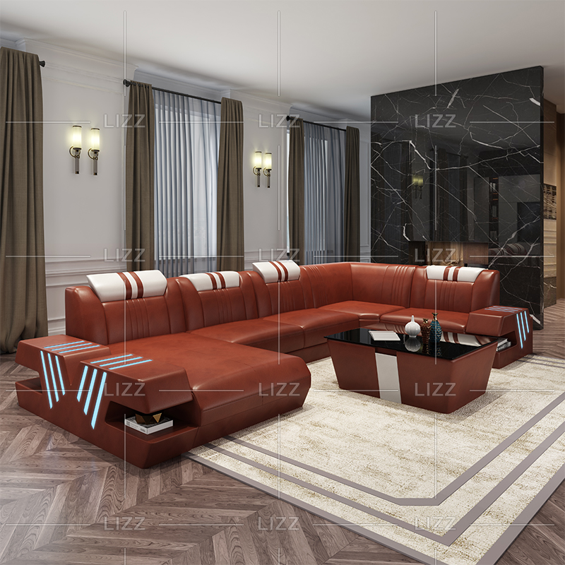 Wohnzimmer Leder LED-Sofa mit Kissenrücken