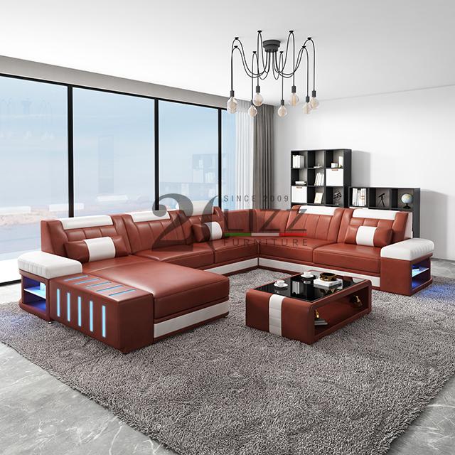 U-förmiges schwarzes LED-Sofa für Wohnzimmer