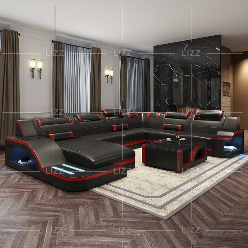 U-förmiges dunkelbraunes LED-Sofa für Schlafzimmer