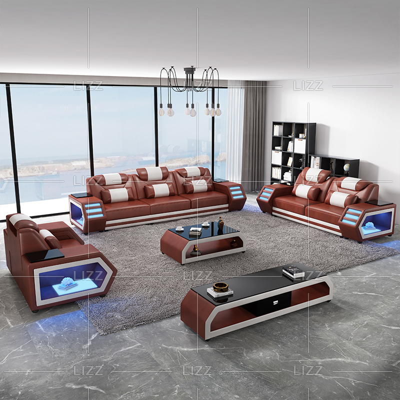 Mittelgroßes LED-Sofa aus Leder mit Kissenrücken