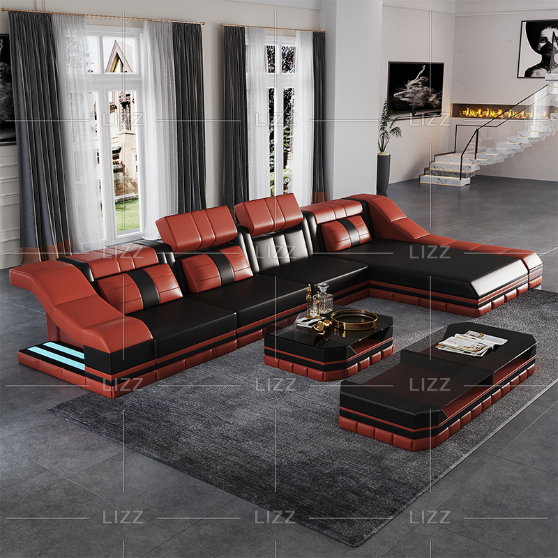 L-förmiges LED-Sofa aus Leder mit Couchtisch